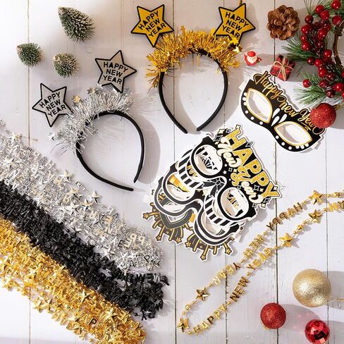 Jutom 48 Pcs Happy New Year Party Kit 2025, Happy New Year Bead Necklaces Glitter Funny Eyewear Star Headband Accessories for 2025 New Year's Eve Party Decorations, New Year Celebration Party Favors in Saudi Arabia