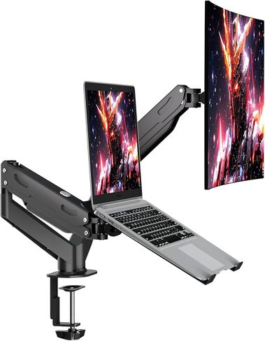 Pholiten Monitor and Laptop Mount for Max 32" Monitor and 17" Laptop, Dual Monitor Mount Holds up to 22lbs,Laptop Tray Stand with Gas Spring Arm,Adjustable Monitor Laptop Mount Stand in Kuwait