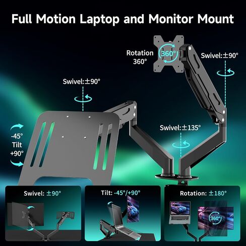 Pholiten Monitor and Laptop Mount for Max 32" Monitor and 17" Laptop, Dual Monitor Mount Holds up to 22lbs,Laptop Tray Stand with Gas Spring Arm,Adjustable Monitor Laptop Mount Stand in Kuwait
