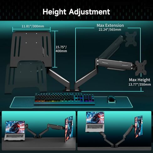 Pholiten Monitor and Laptop Mount for Max 32" Monitor and 17" Laptop, Dual Monitor Mount Holds up to 22lbs,Laptop Tray Stand with Gas Spring Arm,Adjustable Monitor Laptop Mount Stand in Kuwait