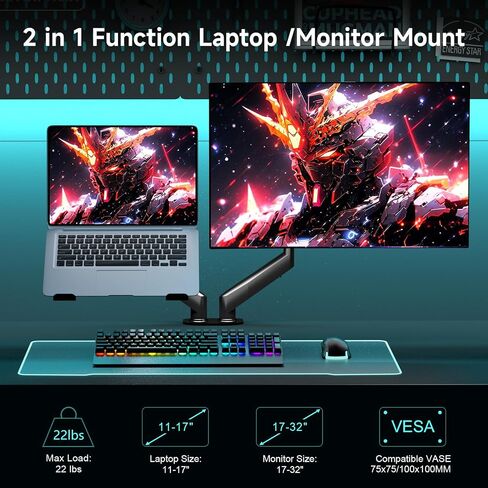 Pholiten Monitor and Laptop Mount for Max 32" Monitor and 17" Laptop, Dual Monitor Mount Holds up to 22lbs,Laptop Tray Stand with Gas Spring Arm,Adjustable Monitor Laptop Mount Stand in Kuwait