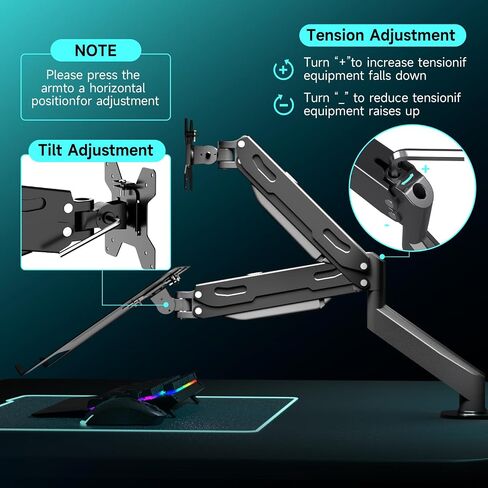 Pholiten Monitor and Laptop Mount for Max 32" Monitor and 17" Laptop, Dual Monitor Mount Holds up to 22lbs,Laptop Tray Stand with Gas Spring Arm,Adjustable Monitor Laptop Mount Stand in Kuwait