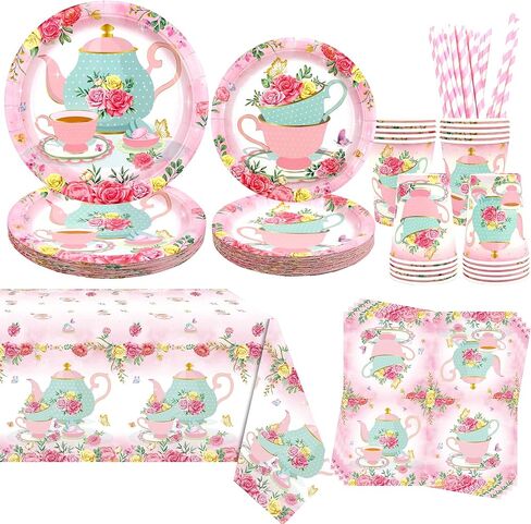 KEFAN Tea Birthday Party Decorations, Tea Theme Party Tableware Supplies including Plates, Cups, Napkins, Tablecloth (20) in Kuwait