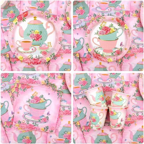 KEFAN Tea Birthday Party Decorations, Tea Theme Party Tableware Supplies including Plates, Cups, Napkins, Tablecloth (20) in Kuwait