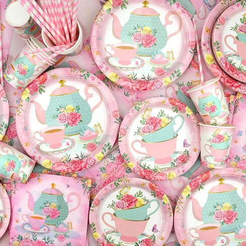 KEFAN Tea Birthday Party Decorations, Tea Theme Party Tableware Supplies including Plates, Cups, Napkins, Tablecloth (20) in Kuwait