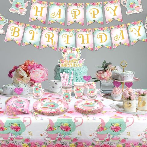 KEFAN Tea Birthday Party Decorations, Tea Theme Party Tableware Supplies including Plates, Cups, Napkins, Tablecloth (20) in Kuwait