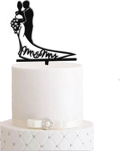 قطعة علوية للكيك من الأكريليك الأسود Mr&Mrs مع زينة عيد ميلاد للأزواج وحفلات هدايا كعك هدية 3403-BL (عبوة من قطعة واحدة) in Saudi Arabia