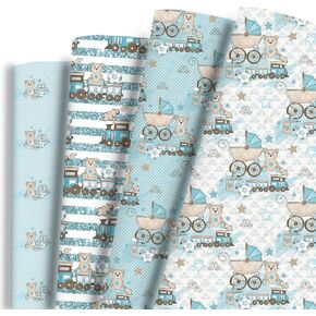 Vnaaem Baby Boy Wrapping Paper 8 Pc Baby Shower Blue Wrapping Paper Folded Flat for Kids Birthday New Baby Girl 19.6 X27.8Inch