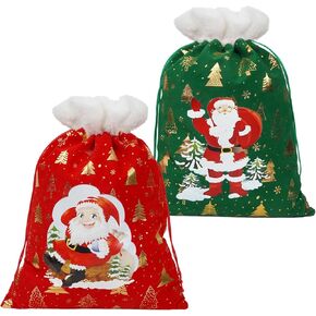 Jactales Christmas Santa Sack Gift Bags – Medium Size Red & Green Cloth Velvet Drawstring Gift Pouches, Xmas Holiday Present Bags, Reusable Velvet Pouch with Santa Claus Design for Kids & Adults 2 PCS
