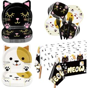 81 Pieces Cat Birthday Party Decorations - Including Cat Plates, Pet Napkins, and MEOW Tablecloth for Pet Cat Themed Birthday Party Supplies, Serve 20 Guests