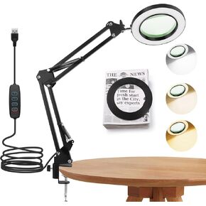 64 LED USB 10X Magnifying Desk Lamp with Clamp, Desk Hands-Free Lighted Magnifier with 3 Color Modes, 10 Level Dimmable and Flexible Gooseneck for Reading Craft Sewing Repair Close Work Beauty