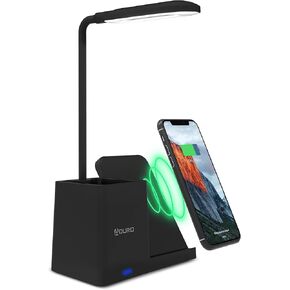 Aduro U-Light LED Desk Lamp Organizer Desk Light with Pen Holder & QI Wireless Charger Stand Black