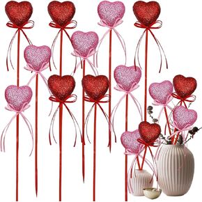 mdgfge 10Pcs Valentine's Day Glitter Heart Picks with Bow Red Pink Love Heart Sparkly Puffy Foam Sticks for Valentine's Day Flowers Wedding Holiday Party Home Garden Table Decorations Supplies