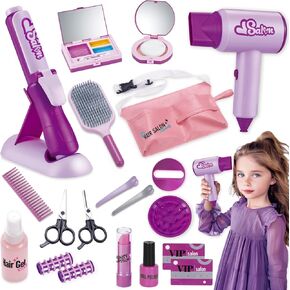 Hair Salon Toys for Girls, Pretend Play Kids Makeup Kit with Realistic Accessories, Blow Dryer, Curling Iron, Tool Bag and Styling Accessories