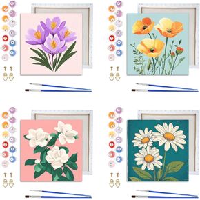 VAIIEYO 4 Pack Framed Paint by Numbers Kit for Adults Flower, Canvas DIY Oil Painting Kit with Paintbrush and Acrylic Pigment, Arts Craft for Home Wall Decor(8x8 inch/20x20cm)
