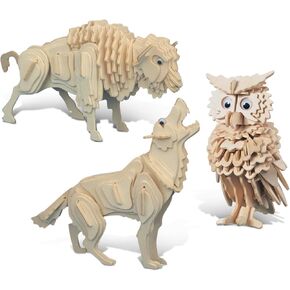 Puzzled Bundle of Owl, Wolf and Buffalo Wooden 3D Puzzle Construction Kits, Fun Unique and Educational DIY Wild Animals Toys Assemble Model Unfinished Wood Craft - 3 Pack