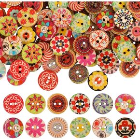 1 Inch 100 PCS Wood Buttons, Vintage Buttons with 2 Holes Natural Round Shapes Retro Buttons Mixed Pattern Wooden Buttons for DIY Sewing Craft Decorative Handmade Projects