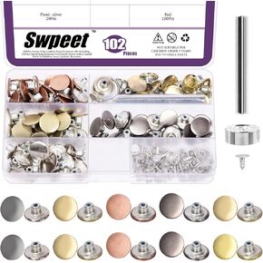Swpeet 102Pcs 5 Colors Jeans Buttons Rivets Set, 17mm No-Sew Nailess Removable Combo Thread Rivets, Cap Denim Metal Jeans Buttons Replacement with Snap Buttons Press Studs and Install Tool for Clothes