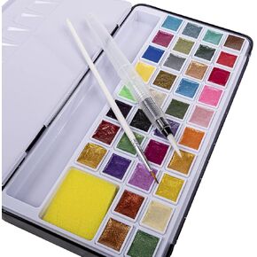 Metallic Watercolor Paints Set | 36 Artist Grade Vibrant Vivid Glitter Water Colors With Storage Tin & Brush Premium Art Supplies For Painting, Calligraphy, Professionals, Students, Kids
