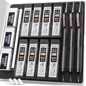 Nicpro 0.7 Metal Mechanical Pencil Set with Case, 3PCS MP1000 0.7mm Artist Lead Pencil With 8 Tube HB Refills, 3 Erasers, 9 Eraser Refill For Architect Art Drafting Drawing Engineering, Sketching