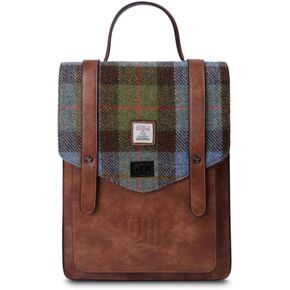 Islander Carloway Backpack for Men & Women, With Laptop Sleeve, Harris Tweed Vegan Leather, Chestnut and Blue Tartan