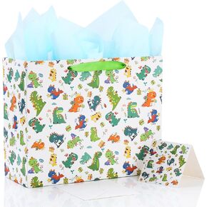 OAOCOLOR 13" Large Dinosaur Gift Bags with Tissue Papers and Greeting Card for Boys,Kids BirthdayParty, Baby Shower,Baby boy,Newborn,New Moms or Parents