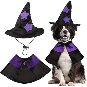 Pet Witch Costume, Dog Halloween Witch Costume Dog Wizard Hat Pet Halloween Cloak Cat Witch Cape Clothes for Dog Cat Small Medium Large Breed(Size L)