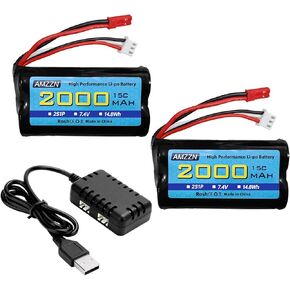 7.4V 2000mAh 15C 2S JST-2P Plug Lipo Battery with 2-in-1 Charger for UDIRC UD1601 UD1602 UD1604 SG1603 RC Cars,RC Drone Huina Engineering Vehicle Backup Battery (2PCS Battery+2-in-1 Charger)
