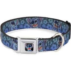Dog Collar Seatbelt Buckle Stitch Expressions Hibiscus Collage Green Blue Fade 11 to 17 Inches 1.0 Inch Wide