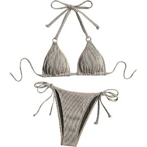 MakeMeChic Women's 2 Piece Bikini Set Swimsuit Tie Backless High Cut Halter Thong Bathing Suit