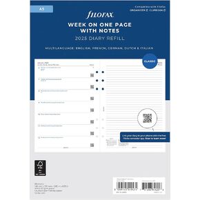 Filofax Calendar Diary Refill, A5 Size, Week on One Page with Notes, White Paper, Multilingual: Five Languages, 2025 (C68509-25)