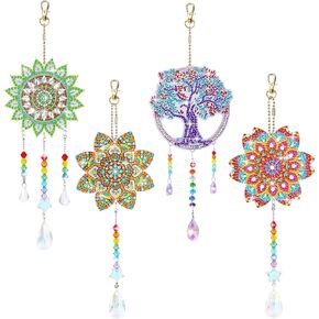 AFUNTA 4 PCS Diamond Art Paintings SunCatcher Kits 5D Diamond Art Paintings Wind Chime Keychains Double Sided DIY Diamond Art Kits Hanging Ornament for Home Garden