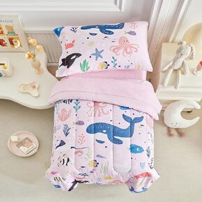 Joyreap 4 Piece Toddler Bedding Set- Purple Butterflies Flowers Patchwork Toddler Comforter Set, Includes Quilted Comforter, Fitted Sheet, Top Sheet, and Pillow Case