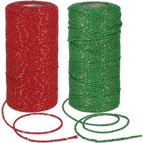 Tenn Well Cotton Bakers Twine, 656 Feet Red and Green Twine with Gold Wire for Baking, Butchers, Crafts, Gift Wrapping, Christmas Decorations (328 Feet Each Roll)