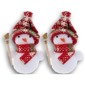 2 Pom Pom Snowmen with Crafted Broom for Miniature Snowman Scene Decorations - 2 Piece