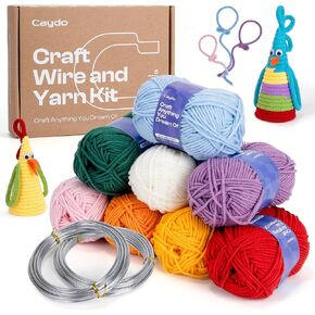 Caydo Aluminum Craft Wire and Acrylic Yarn Skeins Kit, i-Cord Knitting Kits for Beginner for DIY Handicraft Making, Learn to Knitting iCord with i Cord Maker Tool, 8x25g Yarn & 2 Roll 5M x 3 mm Wire