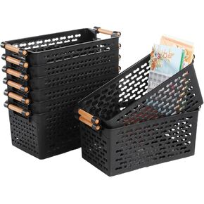 8 PCS Storage Baskets Plastic , 12 x 6 x 5 Inches Small Plastic Baskets, Black Plastic Storage Bins with Handles, Basket Organizers for Kitchen Shelves, Small Nesting Containers