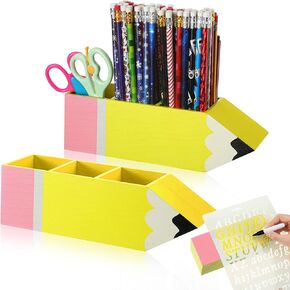 Kisston 6 Pcs Teacher Appreciation Gift Wooden Pencil Shaped Pencil Holder letter stencils markers Pencil Dispenser Pencil Holder for Paint Brushes Crayon Classroom Students Teachers Office Desk