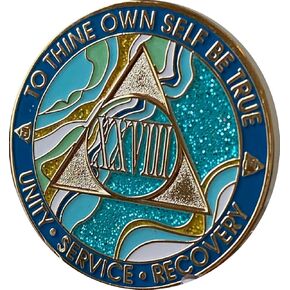 28 Year AA Medallion Elegant Marble Caribbean Aqua Glitter Gold Sobriety Chip