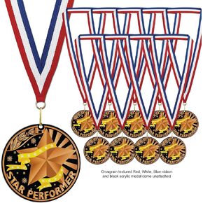 Hodges Badge Company Award Medals - 10 Pack Medals of Either Gold, Silver or Bronze Star Performer - Gold Silver Bronze Acrylic Award Medals with Black Finish - Made in USA (Bronze Star Performer)