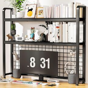HUATOL Desktop Bookshelf for Computer Desk, 2-Tier Multipurpose Wood Countertop Bookshelf, Multipurpose Freestanding Storage Rack Display Shelf for Office, Home Decor, Kitchen, Brown