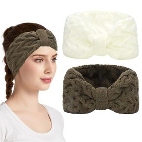 2 Pcs Ear Warmers Headband for Women Ear Muffs for Winter Women Hair Accessories Thick Chunky Crochet Knitted Winter Turban Headbands Winter Accessories for Women and Girls (white+pink)