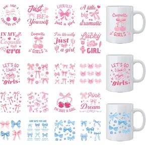 Coquettte Bows UV DTF Decals - 20 Sheets Pink Bow Cherry Uvdtf Tumbler Wraps for 16 oz Glass Mug Cups, Blue Transfer Stickers for DIY Mugs Water Bottle Decorative Sticker Creative Gifts for Girlfriend
