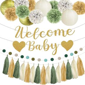 Baby Shower Decorations Sage Green-Welcome Baby Banner, Paper Lanterns,Pom Poms Flowers Tassels, Circle Dots Garland, Gender Neutral Baby Shower Decor Birthday Party Decorations for Girl Boy