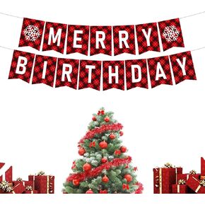 Merry Christmas Birthday Banner, No DIY, Glittery Happy Xmas Themed Party Decorations Red and Green December Party Supplies