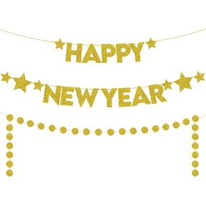 KatchOn, Happy New Year Banner - Pre-Strung, No DIY | 10 Feet New Years Banner and 13 Feet New Years Garland | Happy New Year Sign, 2025 New Years Eve Party Supplies | Happy New Years Decorations 2025