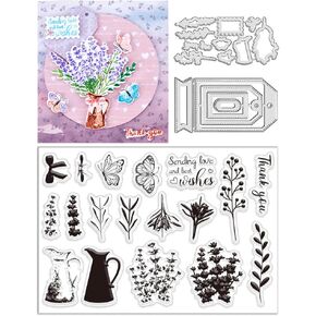 INFUNLY 3pcs Lavender Stamps and Dies Label Cutting Dies Blessing Words Rubber Stamp Butterfly Clear Stamps Frame Die Cut Grass Plant Silicone Stamp for Card Making Scrapbooking Album DIY Craft