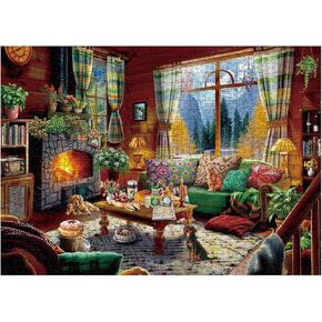 Cozy Cabin Winter Scene Puzzle 1000 Piece for Adults, Book Cozytime Jigsaw Puzzle Coffee Table, Dog Cat Puzzle