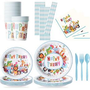 Happy Birthday Party Supplies,Jungle Safari Theme Happy Party Decorations, Zoo Animal Dinnerware Plates, Napkins, Cups, and Cutlery (Serves 25)