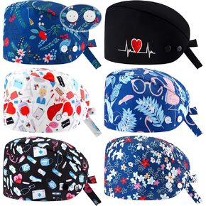 ShinyMatch 6 Pcs Scrub Cap Adjustable Working Cap with Button and Sweatband Elastic Bandage Tie Back Nurse Hat for Women Men, 6 Style